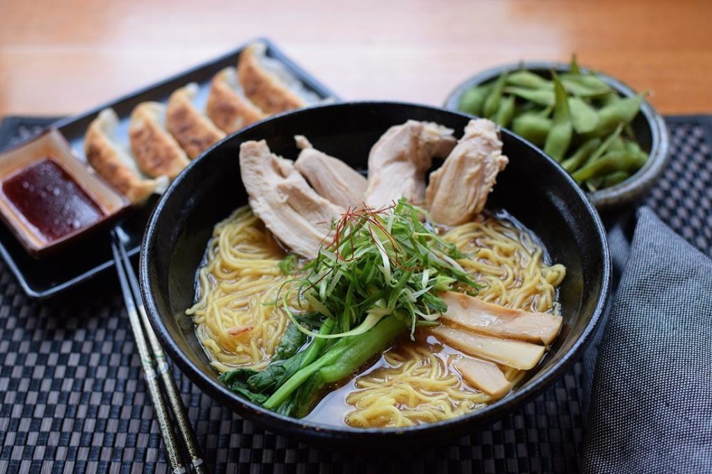 Ramen with gyoza and edamame